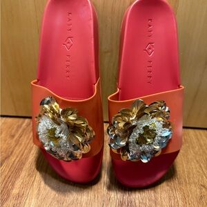 Katy Perry Collections Orange and Gold Floral Slide Sandals